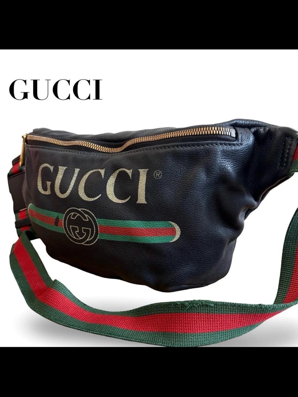 GUCCI Black Leather Logo Web Stripe Belt Bag